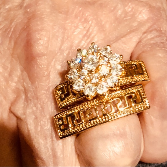 Huge Greek Key CZ Wedding Ring Set Rose Gold -OMG - Picture 2 of 7